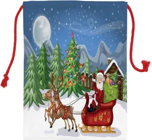 Ambesonne Christmas Christmas Gift Sack, Country Landscape at Night with Trees Santa Claus Snowdrift Reindeers Mountains, Santa Sack Bag Canvas Fabric for Gifts and Storage, 19.8" X 25.9", Multicolor