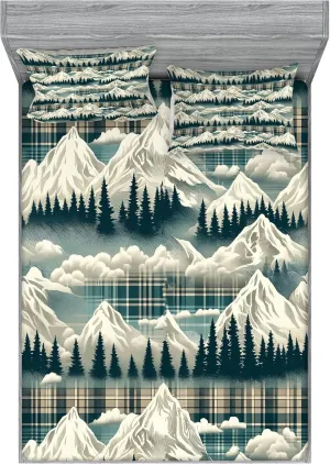 Ambesonne Christmas Fitted Sheet & Pillow Sham Set, Snowy Mountain Range Art with Foggy Pine Trees on Greenish Plaid Back, Decorative Printed 3 Piece Bedding Decor Set, Full, Off White Teal Sepia
