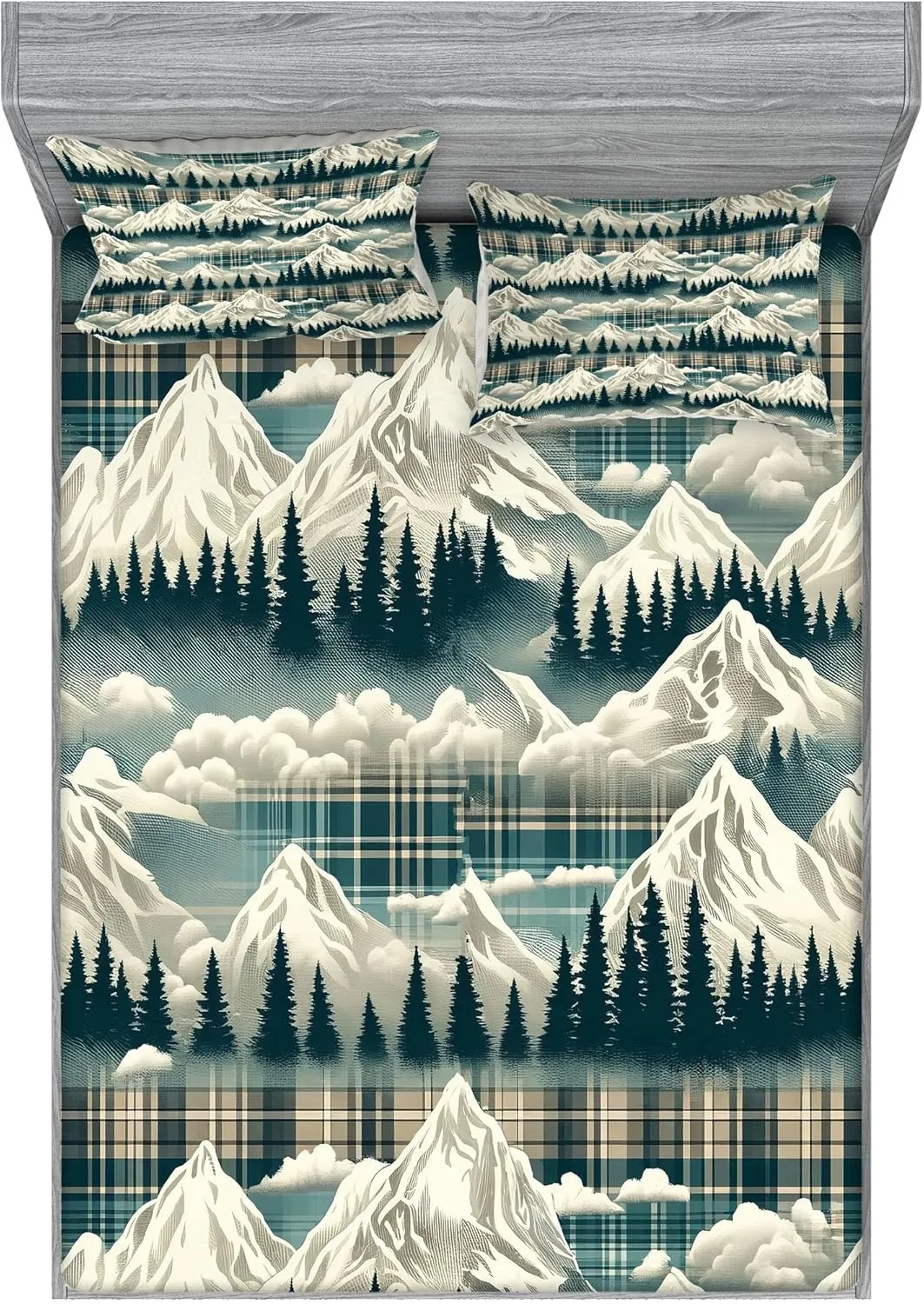 Ambesonne Christmas Fitted Sheet & Pillow Sham Set, Snowy Mountain Range Art with Foggy Pine Trees on Greenish Plaid Back, Decorative Printed 3 Piece Bedding Decor Set, Full, Off White Teal Sepia
