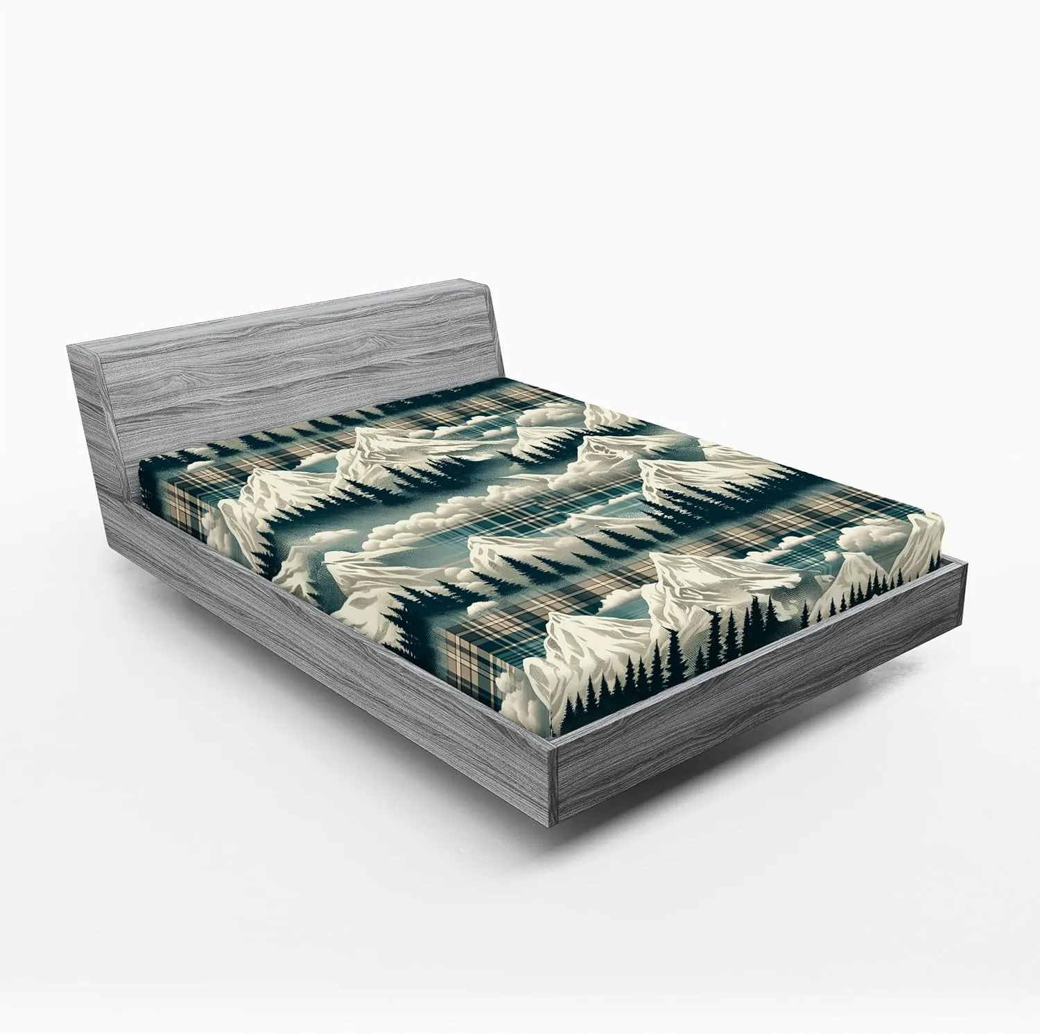 Ambesonne Christmas Fitted Sheet, Snowy Mountain Range Art with Foggy Pine Trees on Greenish Plaid Back, Bed Cover with All-Round Elastic Pocket for Comfort, California King, Off White Teal Sepia