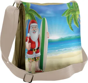Ambesonne Christmas Messenger Bag, Santa with Surfboard, Unisex Cross-body