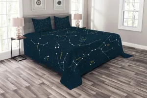 Ambesonne Constellation Bedspread Set, Sky Map Andromeda Lacerta Cygnus Lyra Hercules Draco Bootes Lynx, 3 Piece Decorative Bedding Coverlet and 2 Pillow Shams, King Size, Dark Blue Yellow White