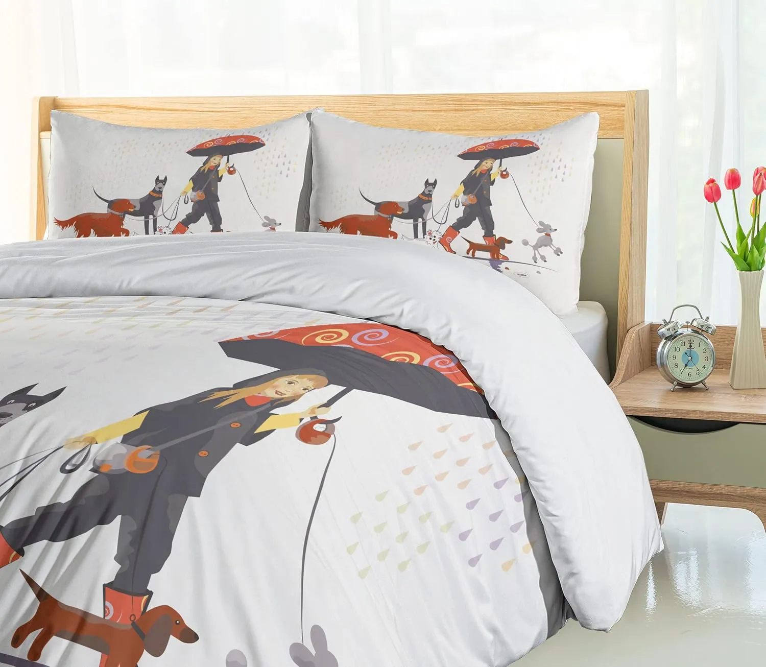 Ambesonne Dog Duvet Cover Set, Young Modern Girl Taking Pack Dog for a Walk in The Rain Fun Joyful Times Print, Decorative 2 Piece Bedding Set with 1 Pillow Sham, Twin Size, White Brick Red