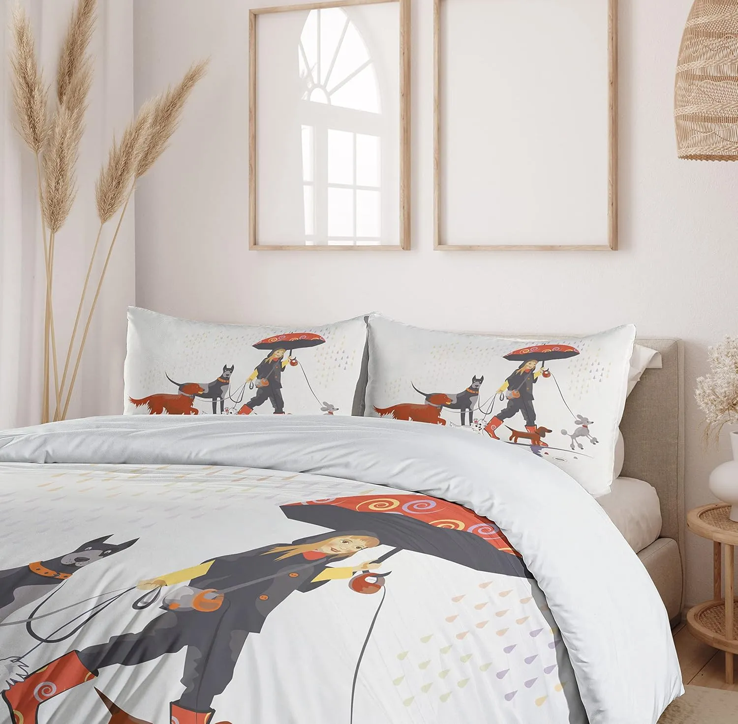 Ambesonne Dog Duvet Cover Set, Young Modern Girl Taking Pack Dog for a Walk in The Rain Fun Joyful Times Print, Decorative 2 Piece Bedding Set with 1 Pillow Sham, Twin Size, White Brick Red