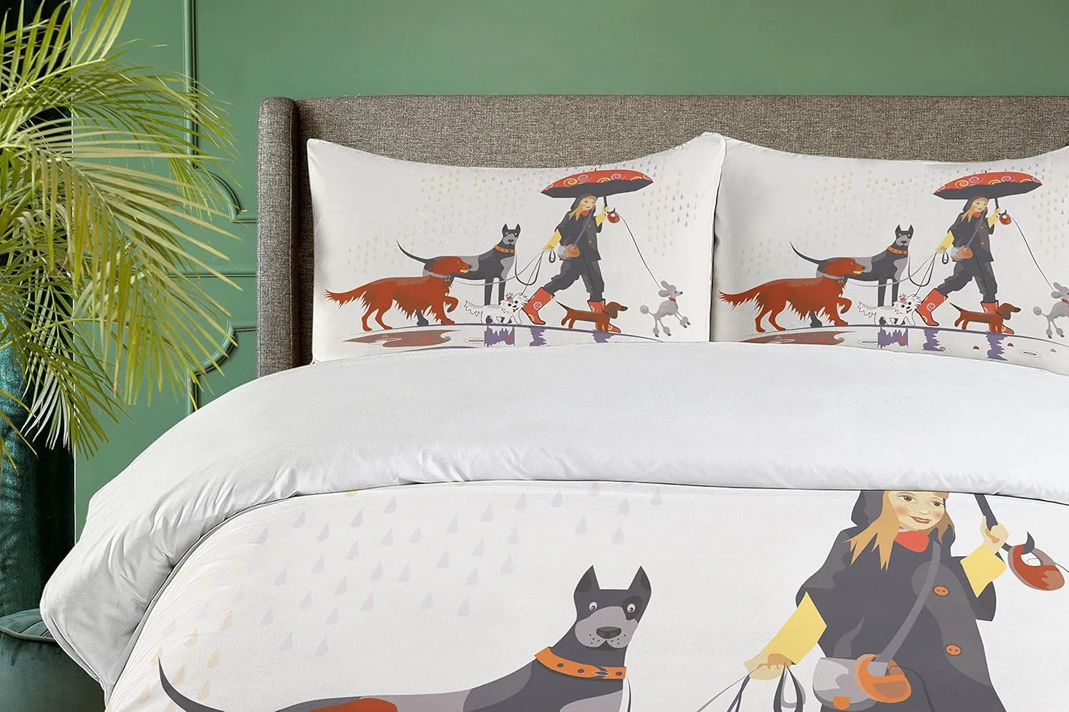 Ambesonne Dog Duvet Cover Set, Young Modern Girl Taking Pack Dog for a Walk in The Rain Fun Joyful Times Print, Decorative 2 Piece Bedding Set with 1 Pillow Sham, Twin Size, White Brick Red