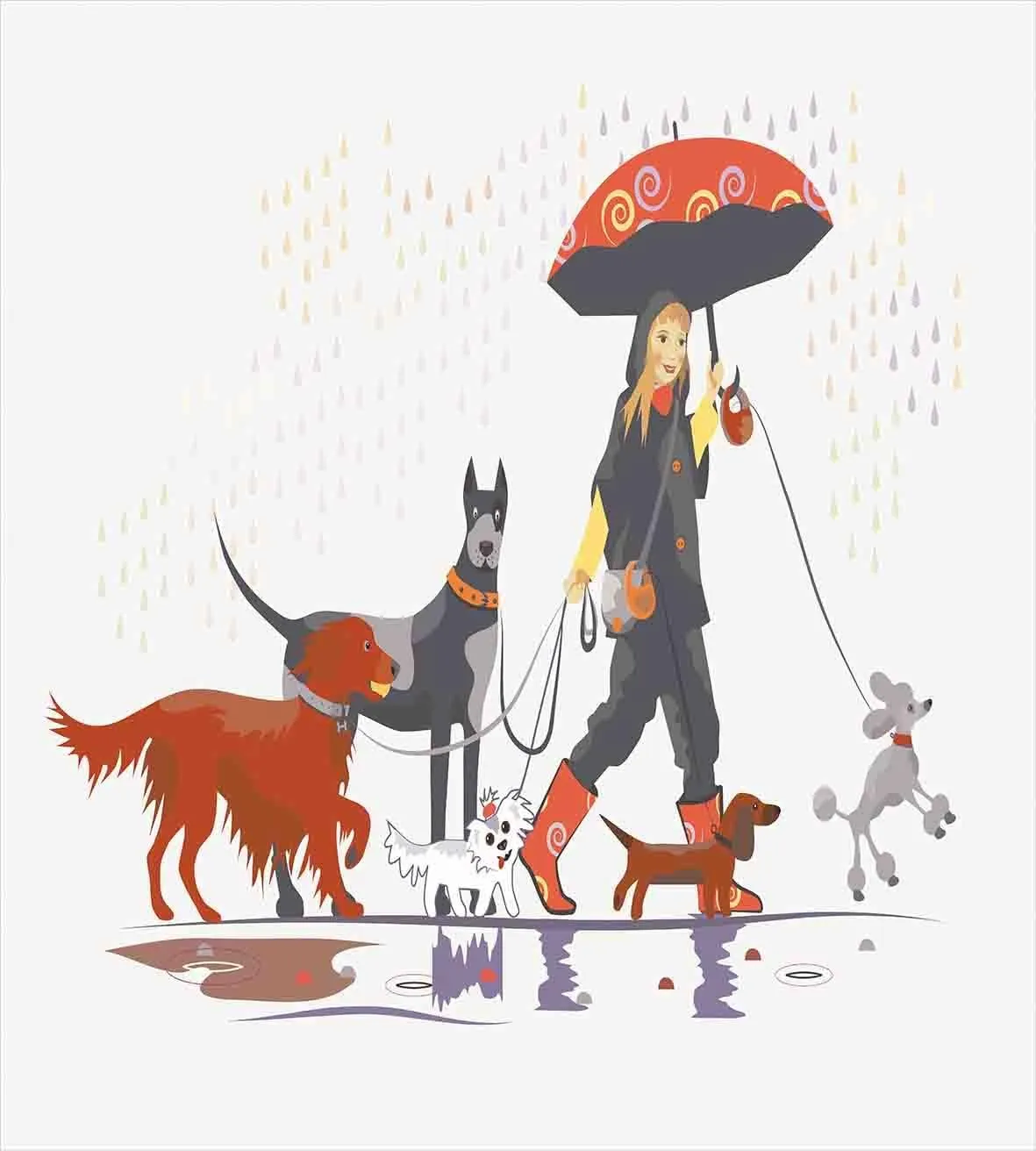 Ambesonne Dog Duvet Cover Set, Young Modern Girl Taking Pack Dog for a Walk in The Rain Fun Joyful Times Print, Decorative 2 Piece Bedding Set with 1 Pillow Sham, Twin Size, White Brick Red