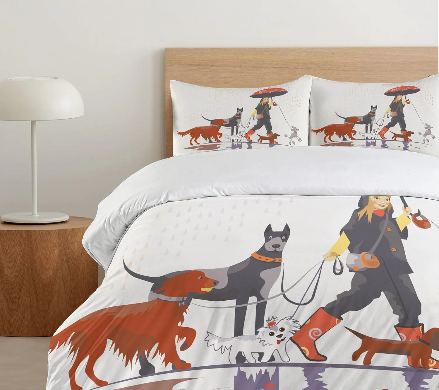 Ambesonne Dog Duvet Cover Set, Young Modern Girl Taking Pack Dog for a Walk in The Rain Fun Joyful Times Print, Decorative 2 Piece Bedding Set with 1 Pillow Sham, Twin Size, White Brick Red