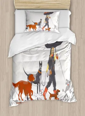 Ambesonne Dog Duvet Cover Set, Young Modern Girl Taking Pack Dog for a Walk in The Rain Fun Joyful Times Print, Decorative 2 Piece Bedding Set with 1 Pillow Sham, Twin Size, White Brick Red