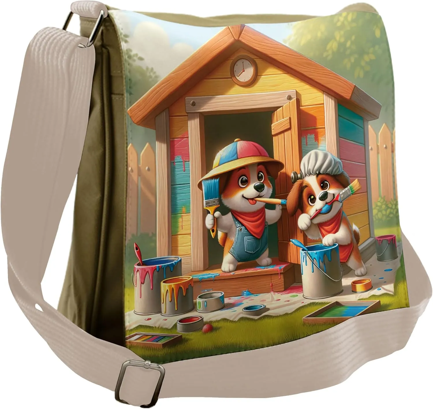 Ambesonne Dogs Messenger Bag, Puppies Painting the Kennel, Unisex Cross-body