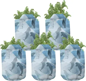 Ambesonne Dolphin Grow Bags 5-Pack, Underwater Fish Pattern, Heavyduty Fabric Pots with Handles for Plants, Blue Grey