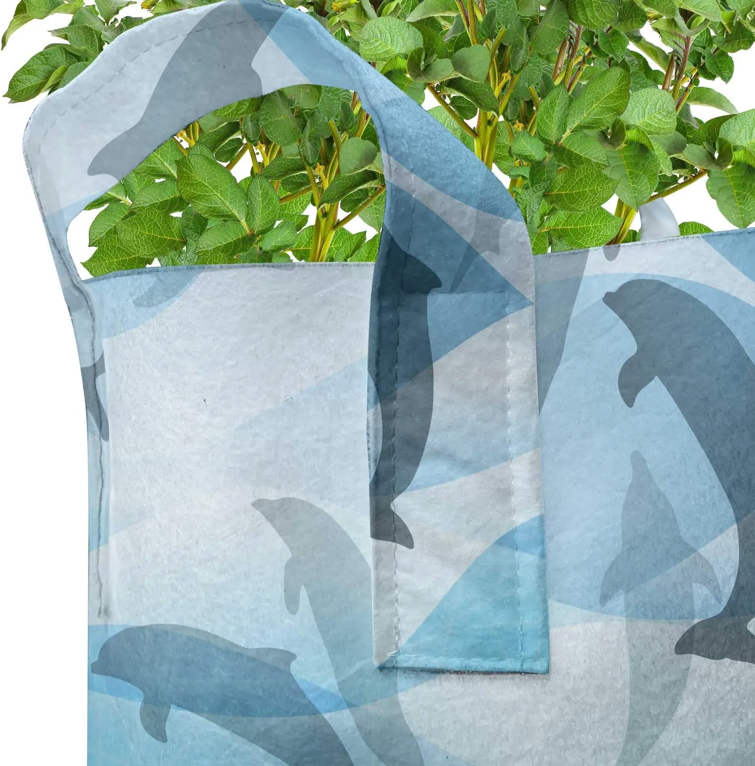 Ambesonne Dolphin Grow Bags 5-Pack, Underwater Fish Pattern, Heavyduty Fabric Pots with Handles for Plants, Blue Grey