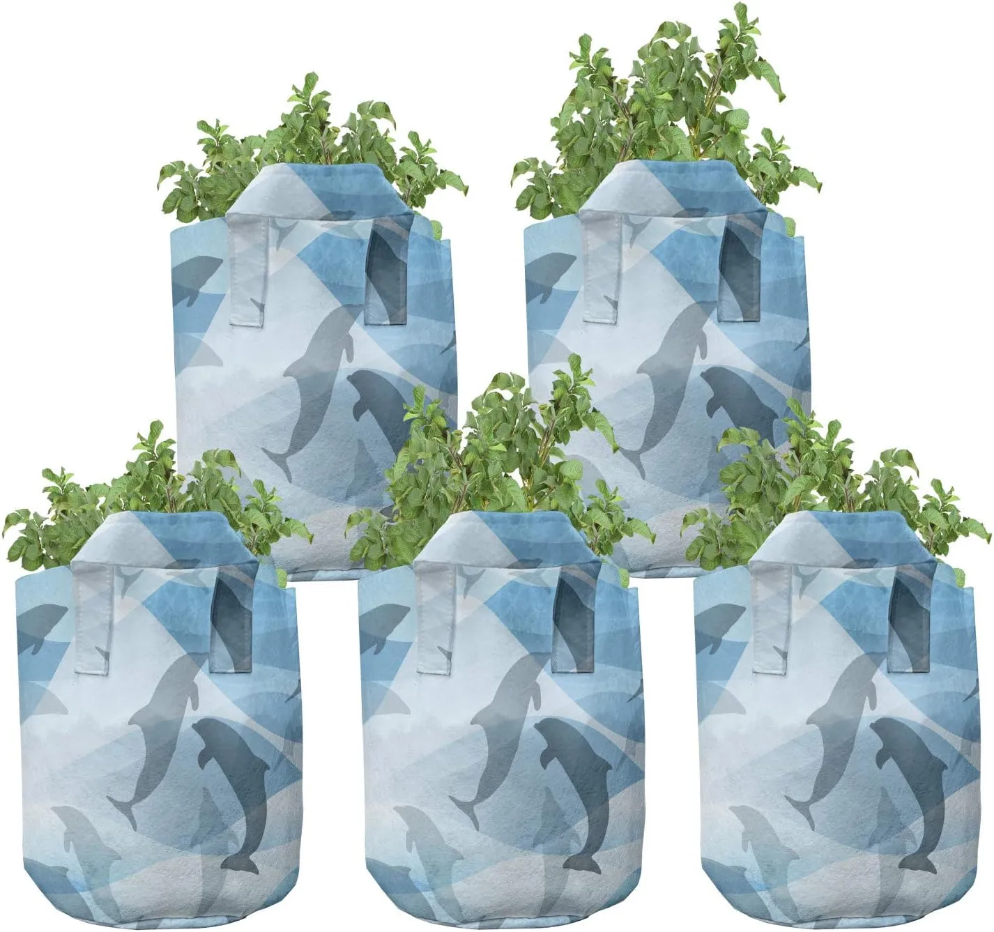 Ambesonne Dolphin Grow Bags 5-Pack, Underwater Fish Pattern, Heavyduty Fabric Pots with Handles for Plants, Blue Grey