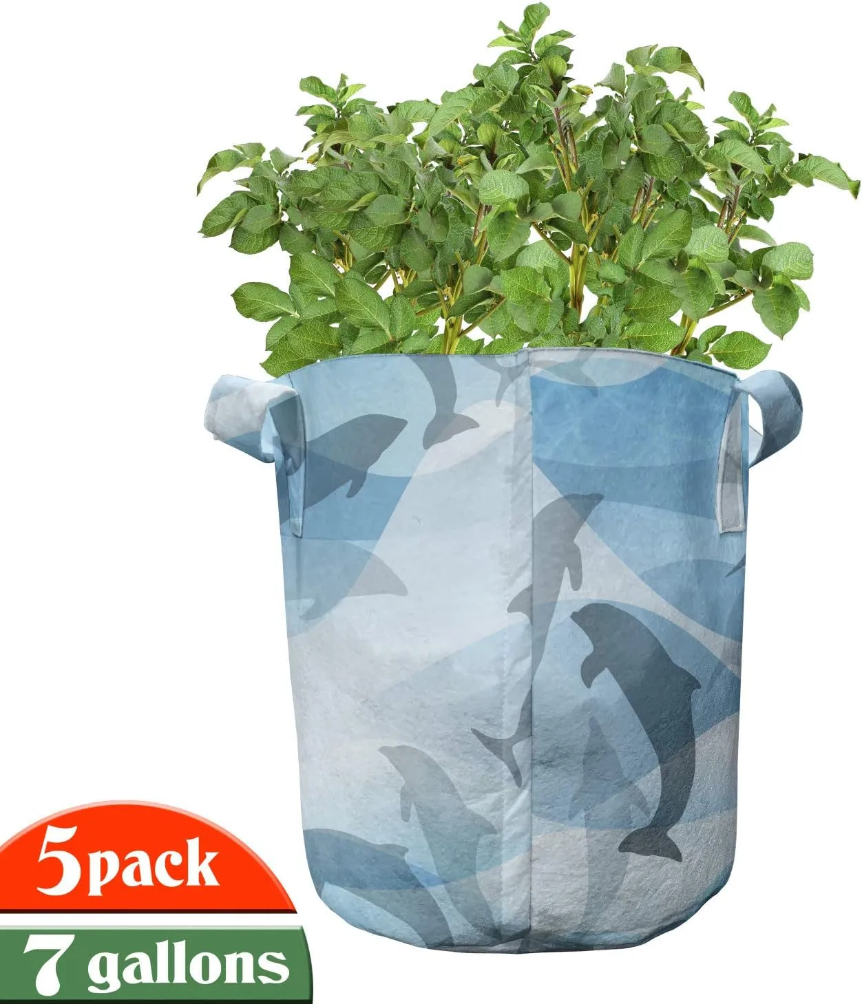 Ambesonne Dolphin Grow Bags 5-Pack, Underwater Fish Pattern, Heavyduty Fabric Pots with Handles for Plants, Blue Grey