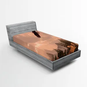Ambesonne Eagle Fitted Sheet, Nature Photography of Rocky Mountains and Forest with a Bald Eagle Flying Over It, Soft Decorative Fabric Bedding All-Round Elastic Pocket, Twin Size, Rose Green