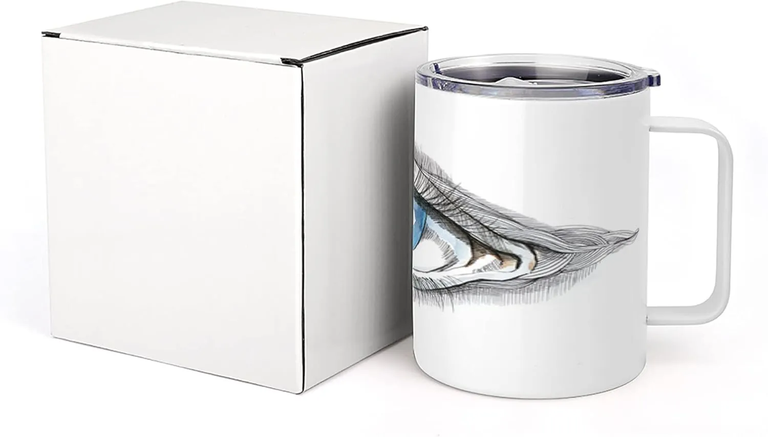 Ambesonne Eye 10 Oz Steel Mug, Abstract Human Eye with Butterfly Eyelashes Painting Style Dreamy Female Look, Vacuum Insulated Leak-resistant Cup for Outdoor Hiking and Picnics, Black White Blue