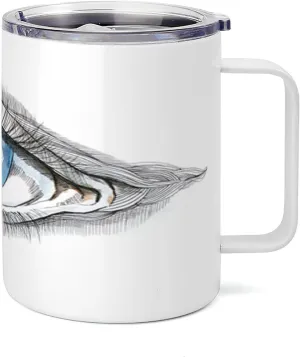 Ambesonne Eye 10 Oz Steel Mug, Abstract Human Eye with Butterfly Eyelashes Painting Style Dreamy Female Look, Vacuum Insulated Leak-resistant Cup for Outdoor Hiking and Picnics, Black White Blue
