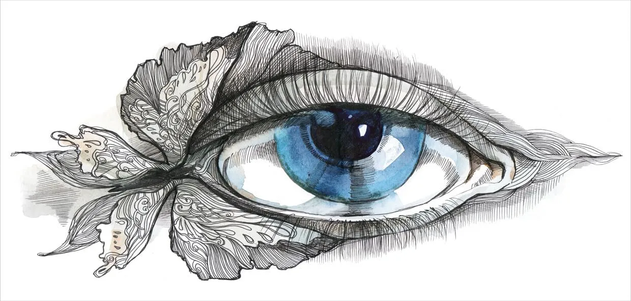 Ambesonne Eye 10 Oz Steel Mug, Abstract Human Eye with Butterfly Eyelashes Painting Style Dreamy Female Look, Vacuum Insulated Leak-resistant Cup for Outdoor Hiking and Picnics, Black White Blue