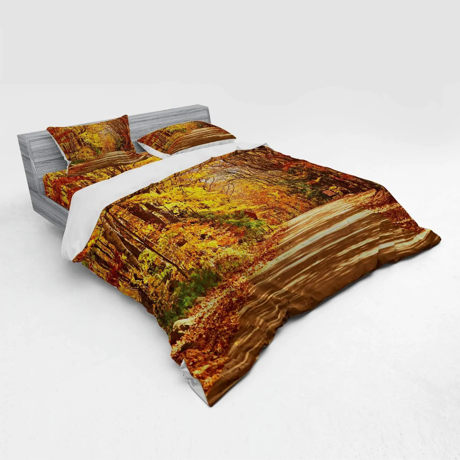 Ambesonne Fall Bedding Set, Scenic View Outdoors Empty Roadway Surrounded with Deciduous Trees Image, 4 Piece Duvet Cover Set with Shams and Fitted Sheet, King Size, Redwood Yellow Orange