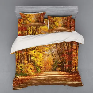Ambesonne Fall Bedding Set, Scenic View Outdoors Empty Roadway Surrounded with Deciduous Trees Image, 4 Piece Duvet Cover Set with Shams and Fitted Sheet, King Size, Redwood Yellow Orange