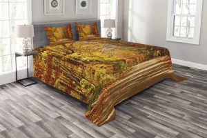 Ambesonne Fall Bedspread Set, Scenic View Outdoors Empty Roadway Surrounded with Deciduous Trees Image, 3 Piece Decorative Bedding Coverlet and 2 Pillow Shams, Queen Size, Redwood Yellow Orange