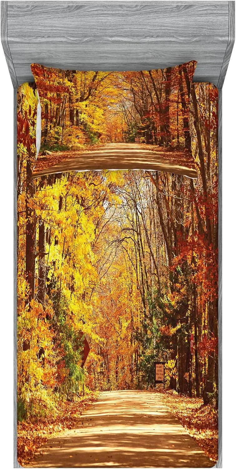 Ambesonne Fall Fitted Sheet & Pillow Sham Set, Scenic View Outdoors Empty Roadway Surrounded with Deciduous Trees Image, Decorative Printed 2 Piece Bedding Decor Set, Twinxl, Redwood Yellow Orange