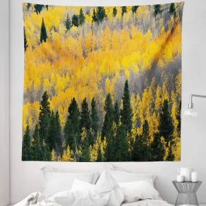 Ambesonne Fall Tapestry Queen Size, Colorful Aspen Forest in Colorado Rocky Mountains Western Wilderness USA Theme, Wall Hanging Bedspread Bed Cover Wall Decor, 88" X 88", Green Yellow Grey