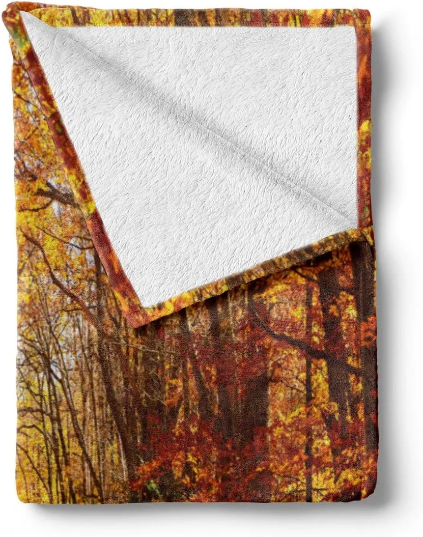 Ambesonne Fall Throw Blanket, Scenic View Outdoors Empty Roadway Surrounded with Deciduous Trees Image, Flannel Fleece Accent Piece Soft Couch Cover for Adults, 50" x 70", Redwood Yellow Orange