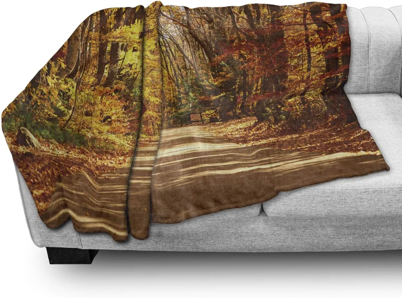Ambesonne Fall Throw Blanket, Scenic View Outdoors Empty Roadway Surrounded with Deciduous Trees Image, Flannel Fleece Accent Piece Soft Couch Cover for Adults, 50" x 70", Redwood Yellow Orange