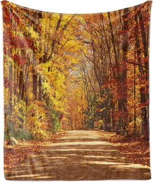 Ambesonne Fall Throw Blanket, Scenic View Outdoors Empty Roadway Surrounded with Deciduous Trees Image, Flannel Fleece Accent Piece Soft Couch Cover for Adults, 50" x 70", Redwood Yellow Orange