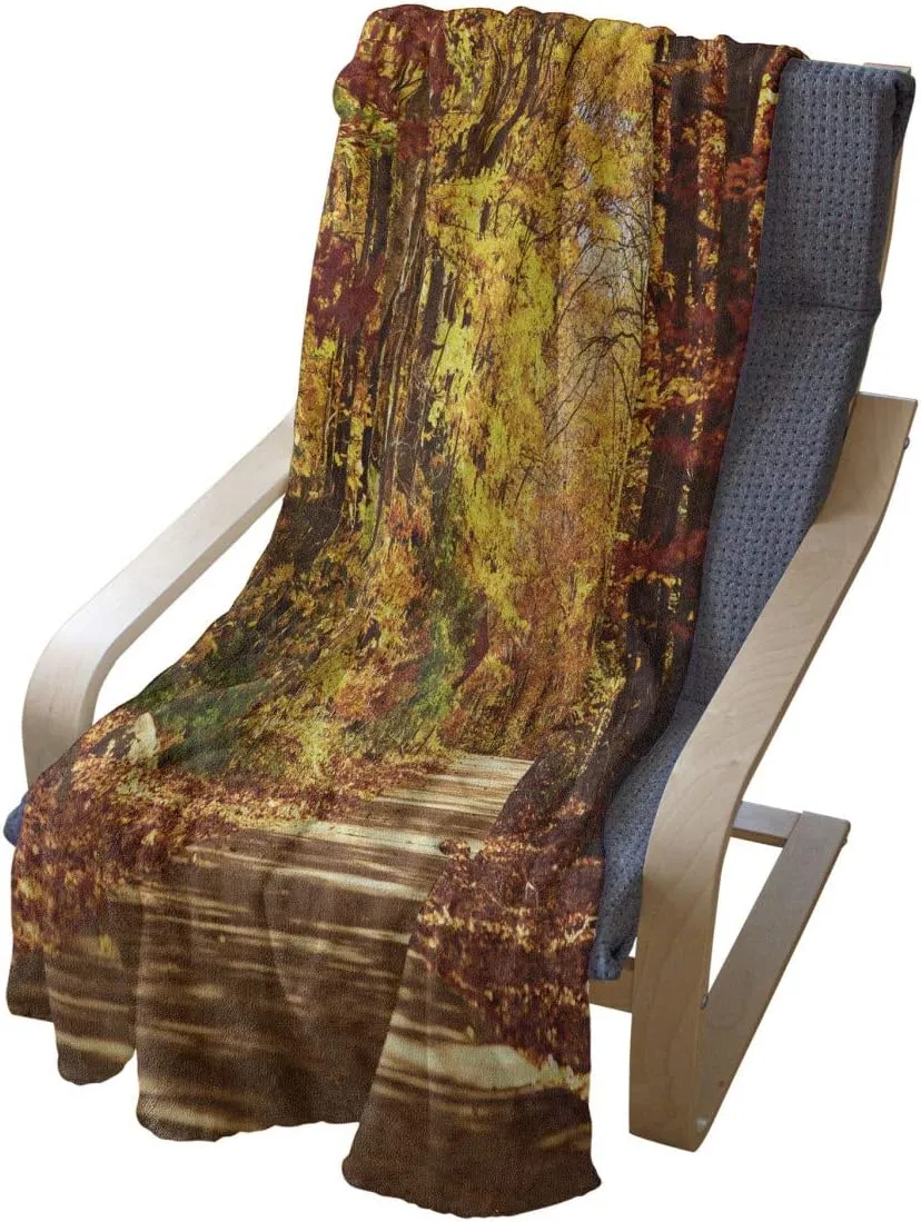 Ambesonne Fall Throw Blanket, Scenic View Outdoors Empty Roadway Surrounded with Deciduous Trees Image, Flannel Fleece Accent Piece Soft Couch Cover for Adults, 50" x 70", Redwood Yellow Orange
