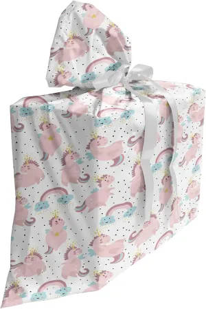 Ambesonne Fantasy World Fabric Gift Bag, Demonstration of land Elements Funny Unicorns and Rainbows, Present Sack for Parties Birthdays with 3 Ribbons, 27, White Multicolor