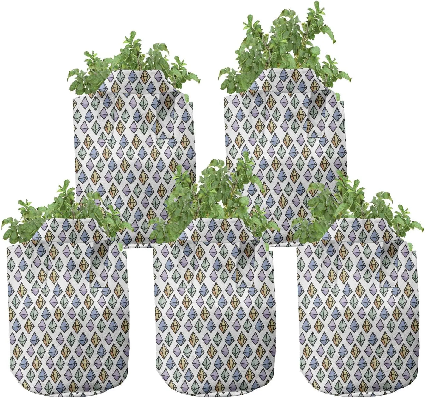 Ambesonne Geology Grow Bags 5-Pack, Hand Drawn Gemstone Items, Heavyduty Fabric Pots with Handles for Plants, 5 Gallon, Multicolor