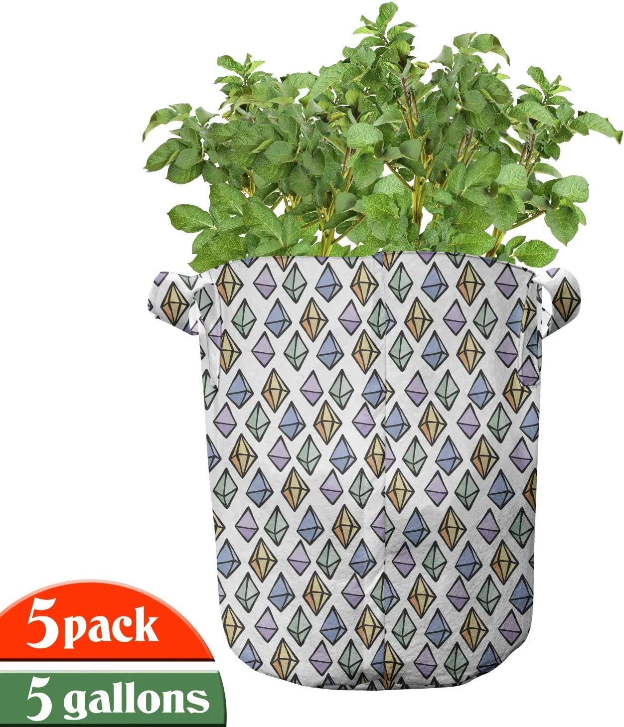Ambesonne Geology Grow Bags 5-Pack, Hand Drawn Gemstone Items, Heavyduty Fabric Pots with Handles for Plants, 5 Gallon, Multicolor