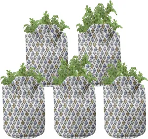 Ambesonne Geology Grow Bags 5-Pack, Hand Drawn Gemstone Items, Heavyduty Fabric Pots with Handles for Plants, 5 Gallon, Multicolor