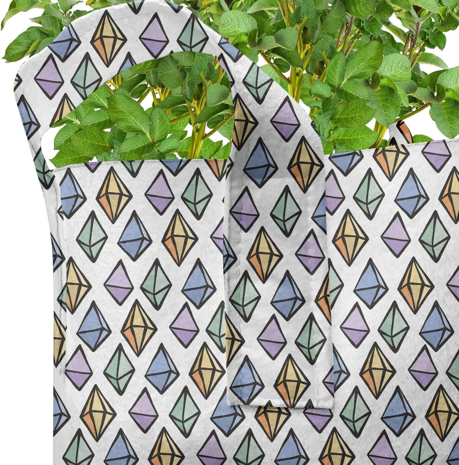Ambesonne Geology Grow Bags 5-Pack, Hand Drawn Gemstone Items, Heavyduty Fabric Pots with Handles for Plants, 5 Gallon, Multicolor