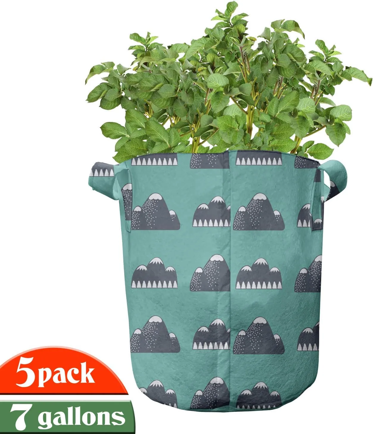 Ambesonne Geology Grow Bags 5-Pack, Outdoor Rock Snow Mountain, Heavyduty Fabric Pots with Handles for Plants, 7 Gallon, Dark Blue Dark Seafoam