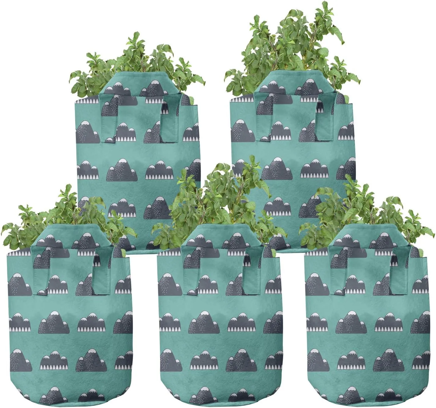 Ambesonne Geology Grow Bags 5-Pack, Outdoor Rock Snow Mountain, Heavyduty Fabric Pots with Handles for Plants, 7 Gallon, Dark Blue Dark Seafoam