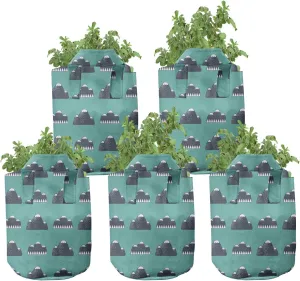 Ambesonne Geology Grow Bags 5-Pack, Outdoor Rock Snow Mountain, Heavyduty Fabric Pots with Handles for Plants, 7 Gallon, Dark Blue Dark Seafoam