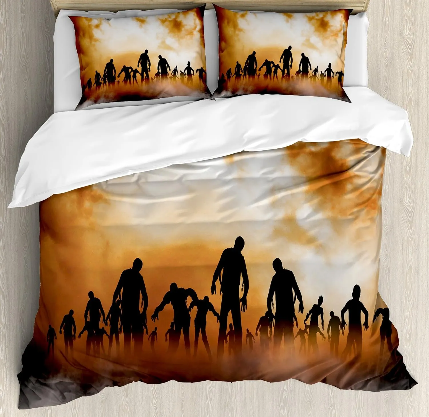 Ambesonne Halloween Duvet Cover Set, Zombies Dead Men Walking Body in The Doom Mist at Night Sky Haunted Theme Print, Decorative 3 Piece Bedding Set with 2 Pillow Shams, Queen Size, Orange Black