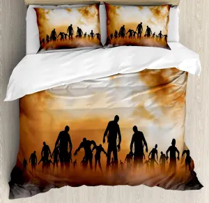 Ambesonne Halloween Duvet Cover Set, Zombies Dead Men Walking Body in The Doom Mist at Night Sky Haunted Theme Print, Decorative 3 Piece Bedding Set with 2 Pillow Shams, Queen Size, Orange Black