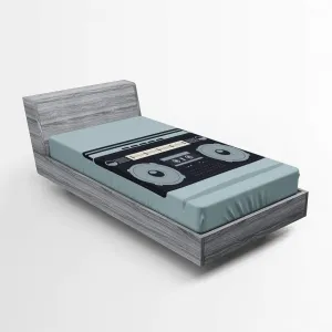 Ambesonne Hip Hop Fitted Sheet, Classic 1980s Boombox Image on Doodle Retro Background Nostalgic Urban Ghetto Theme, Soft Decorative Fabric Bedding All-Round Elastic Pocket, Twin Size, Blue Grey