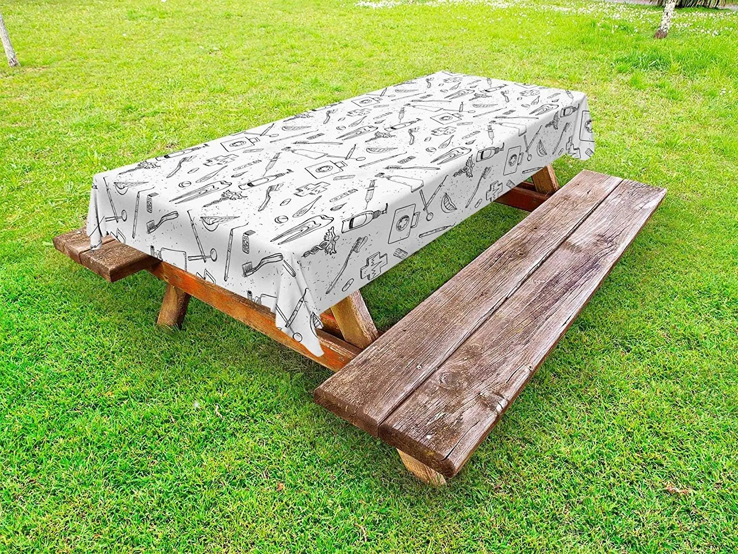 Ambesonne Hipster Outdoor Tablecloth, Hand Drawn Style Pattern with Dental Hygiene Theme Teeth Care Cleaning, Decorative Washable Picnic Table Cloth, 58" X 120", Black and White
