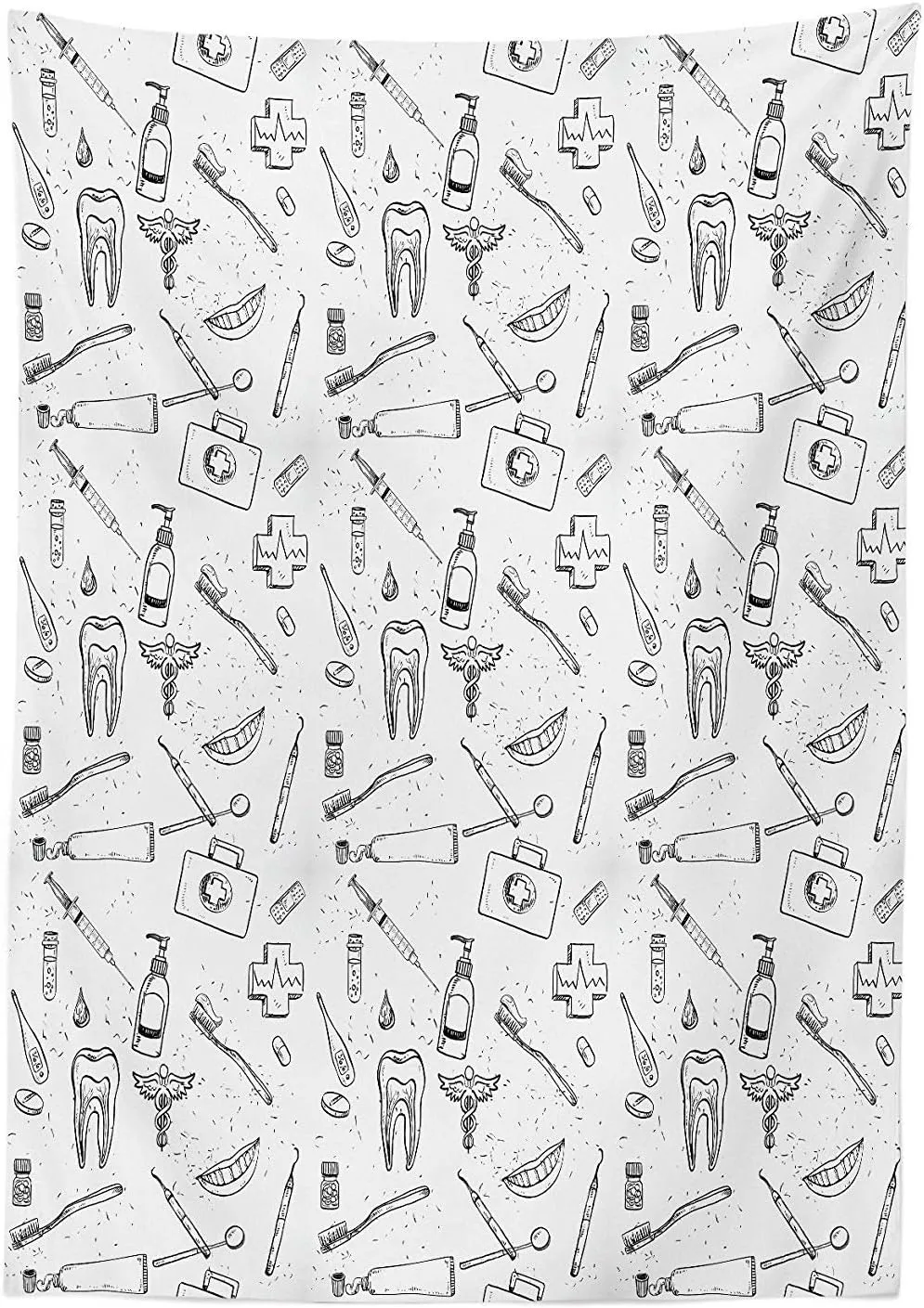 Ambesonne Hipster Outdoor Tablecloth, Hand Drawn Style Pattern with Dental Hygiene Theme Teeth Care Cleaning, Decorative Washable Picnic Table Cloth, 58" X 120", Black and White