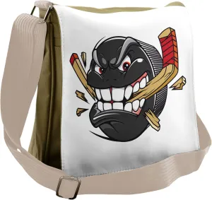 Ambesonne Hockey Messenger Bag, Cartoon Puck Bites Stick, Unisex Cross-body