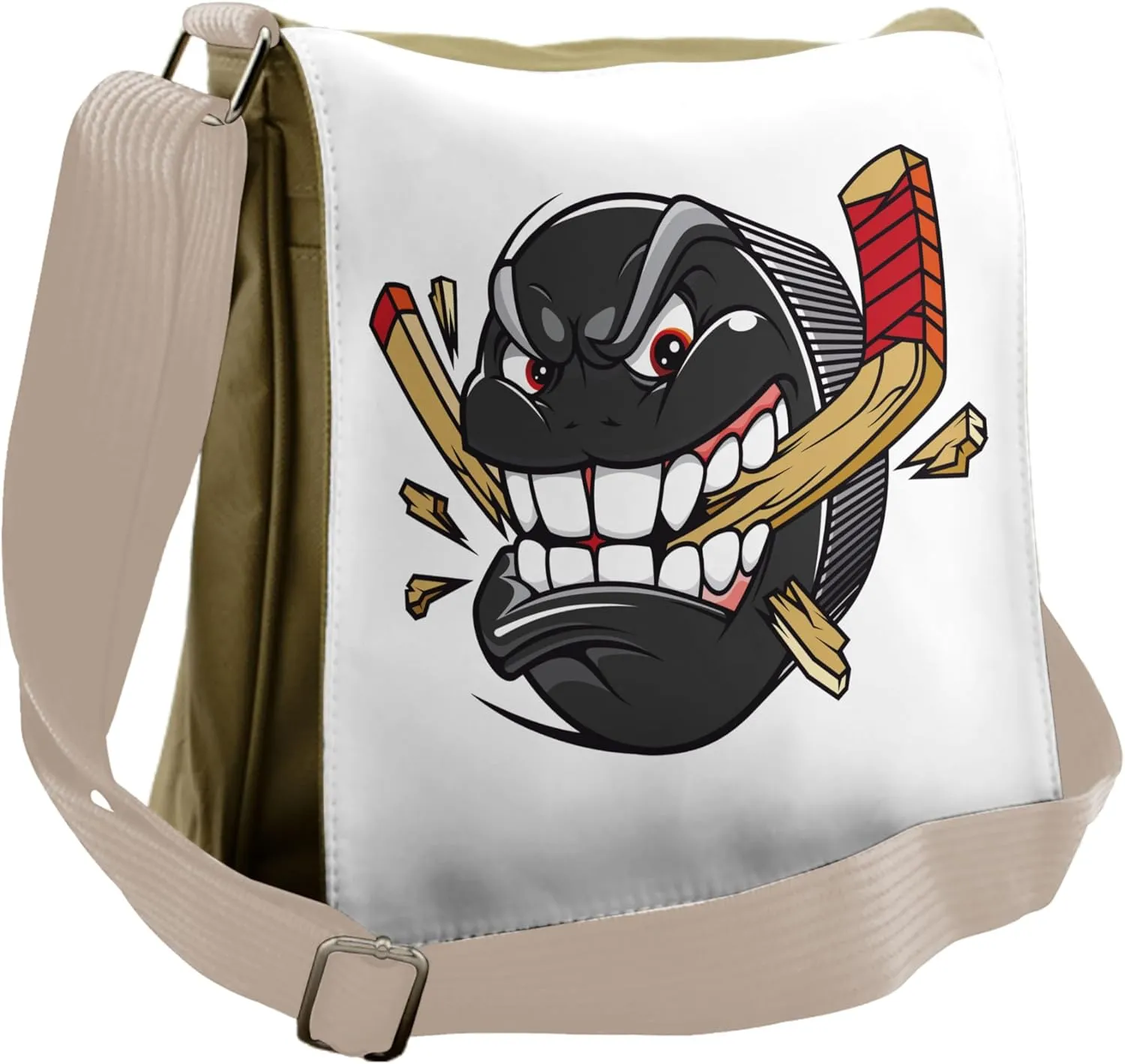 Ambesonne Hockey Messenger Bag, Cartoon Puck Bites Stick, Unisex Cross-body