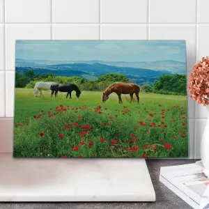 Ambesonne Horses Cutting Board, Various Kinds of Horses Eating Grass in Field Mountain Landscape Rural Scene Print, Decorative Tempered Glass Cutting and Serving Board, Large Size, Multicolor