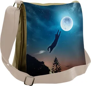 Ambesonne Humor Messenger Bag, Cat Catching Moon Stars, Unisex Cross-body