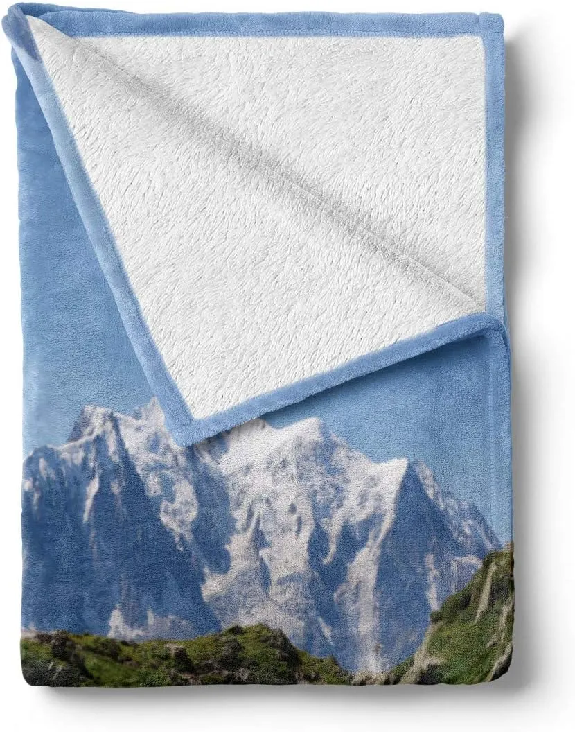 Ambesonne Lake Throw Blanket, Mont Blanc Mountain Range Reflected in Cheserys Lake Alps France Panorama, Flannel Fleece Accent Piece Soft Couch Cover for Adults, 50" x 60", Pale Blue White Green