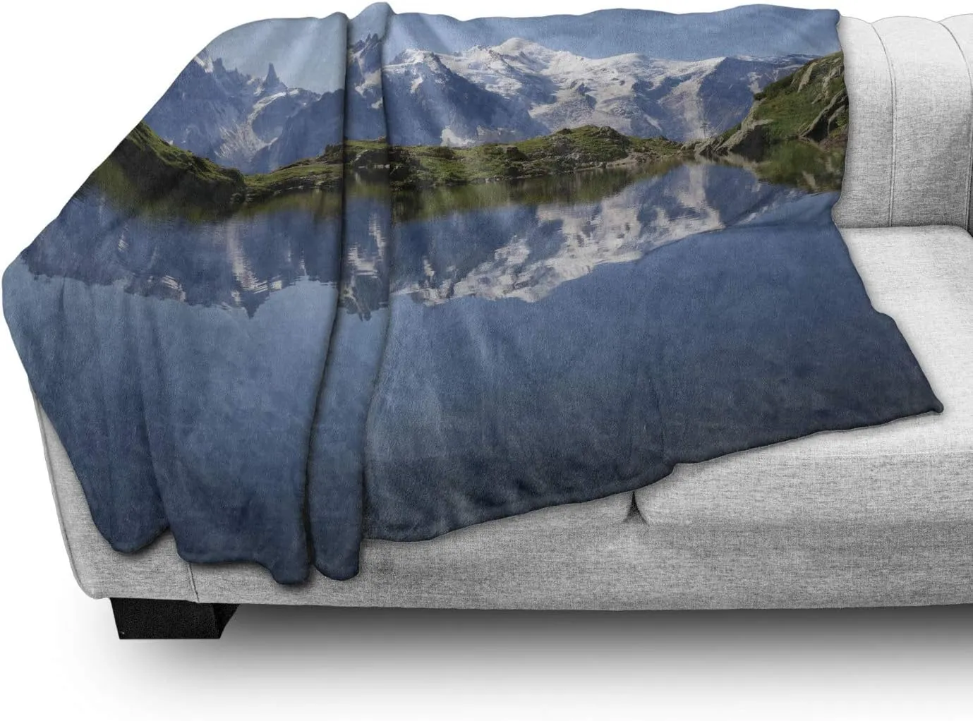 Ambesonne Lake Throw Blanket, Mont Blanc Mountain Range Reflected in Cheserys Lake Alps France Panorama, Flannel Fleece Accent Piece Soft Couch Cover for Adults, 50" x 60", Pale Blue White Green