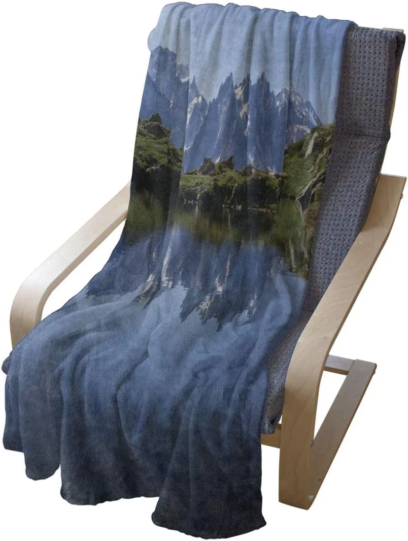 Ambesonne Lake Throw Blanket, Mont Blanc Mountain Range Reflected in Cheserys Lake Alps France Panorama, Flannel Fleece Accent Piece Soft Couch Cover for Adults, 50" x 60", Pale Blue White Green